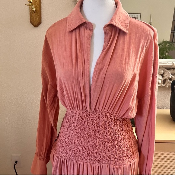 FREE PEOPLE Monika Peach Shirt Midi Drop Waist Dress Size Small - Picture 12 of 12
